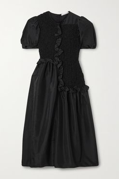 Camden Ruffled Smocked Taffeta Midi Dress - Black