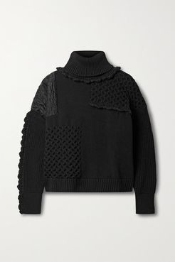 Paneled Satin-jacquard And Cotton Sweater - Black