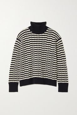 Striped Pointelle-knit Cashmere Turtleneck Sweater - Navy