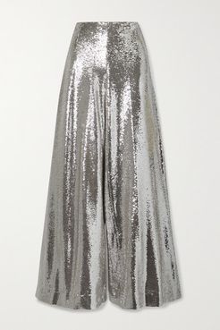 Sequined Organza Wide-leg Pants - Silver
