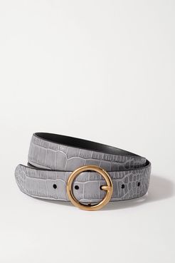 Croc-effect Leather Belt - Gray