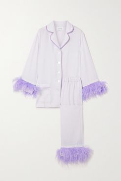 Party Feather-trimmed Crepe De Chine Pajama Set - Lilac