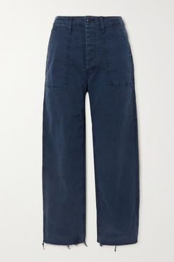 Frayed Cotton-blend Straight-leg Pants - Navy