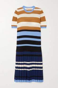Pleated Striped Wool Dress - Blue