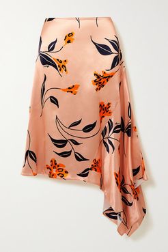 Asymmetric Floral-print Satin Skirt - Pastel pink