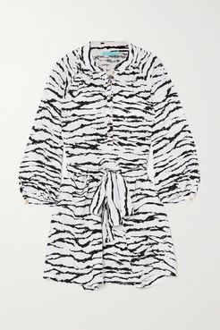 Amy Belted Tiger-print Voile Mini Dress - White