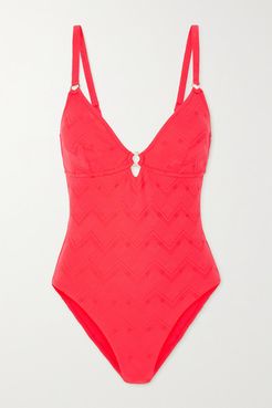 Havana Embellished Cutout Stretch-jacquard Swimsuit - Red