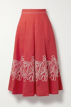 Dolly Pleated Embroidered Linen-twill Midi Skirt - Papaya