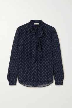 Pussy-bow Polka-dot Georgette Blouse - Navy