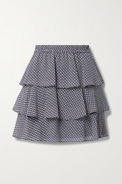 Tiered Ruffled Floral-print Crepe De Chine Mini Skirt - Navy