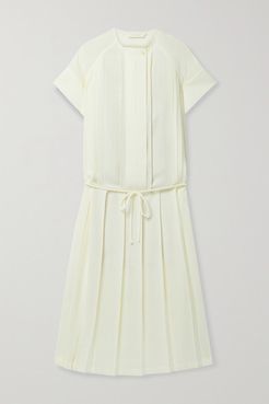 Belted Pleated Voile Midi Dress - Pastel yellow