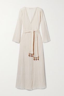 Net Sustain Amity Embellished Belted Crinkled Organic Cotton-gauze Wrap Dress - Cream