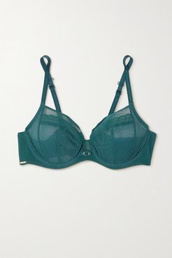 Parisian Allure Tulle And Lace Underwired Bra - Teal