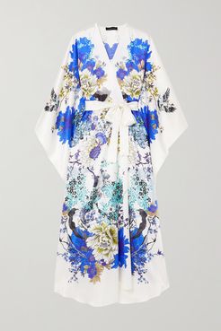 Belted Floral-print Silk-satin Robe - White