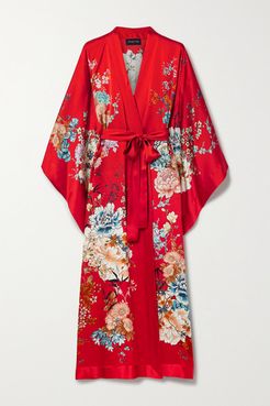 Belted Floral-print Silk-satin Robe - Red