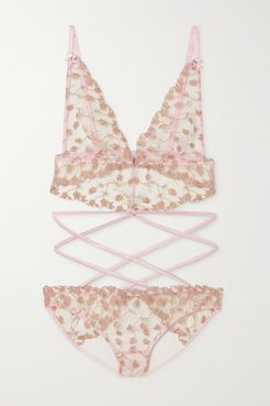 Elizabeth Satin-trimmed Cutout Embroidered Tulle Bodysuit - Pink