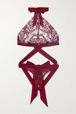 Aurora Georgette-trimmed Cutout Embroidered Tulle Halterneck Bodysuit - Burgundy