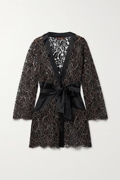 Rivera Belted Corded Lace And Satin Robe - Black