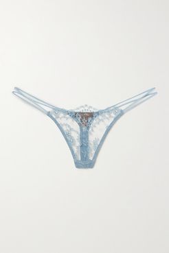 Lucida Satin-trimmed Stretch-lace Thong - Light blue