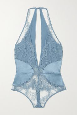 Lucida Cutout Stretch-lace And Satin Thong Bodysuit - Light blue