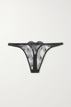Evita Scalloped Lace And Stretch-satin Thong - Black