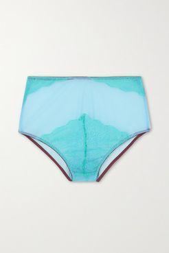 Ebba Stretch-tulle And Lace Briefs - Blue