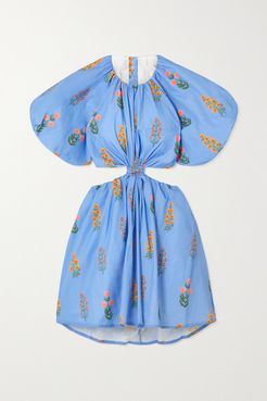 Laurel Cutout Floral-print Cotton-poplin Mini Dress - Blue