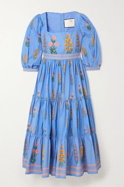 Miel Tiered Floral-print Cotton-poplin Midi Dress - Blue