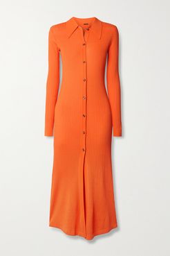 Elisha Ribbed-knit Midi Shirt Dress - Bright orange
