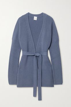 Leisure Belted Ribbed Cotton-blend Cardigan - Blue