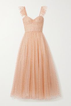 Ruffled Gathered Glittered Tulle Gown - Blush