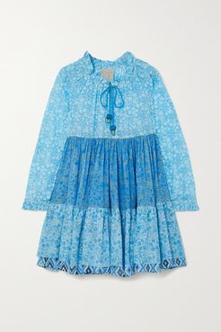 Tiered Ruffled Floral-print Cotton-voile Mini Dress - Blue