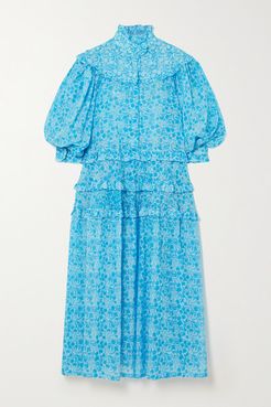 Queen Victoria Ruffled Floral-print Cotton-voile Midi Dress - Blue