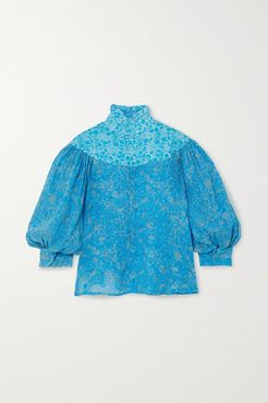 Queen Victoria Ruffled Floral-print Linen Blouse - Blue