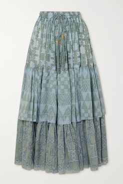 Tiered Printed Cotton-voile Maxi Skirt - Green