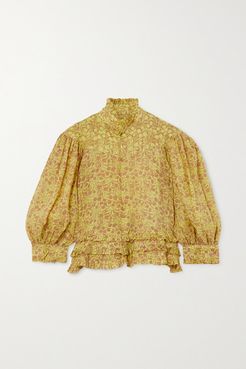 Queen Victoria Ruffled Floral-print Linen Blouse - Lime green