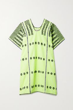 Net Sustain Embroidered Striped Neon Cotton Huipil - Bright yellow