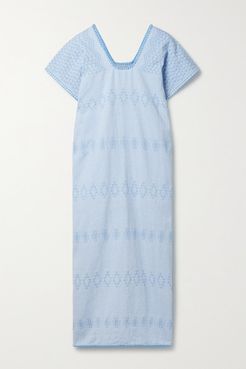 Net Sustain Embroidered Cotton Huipil - Light blue