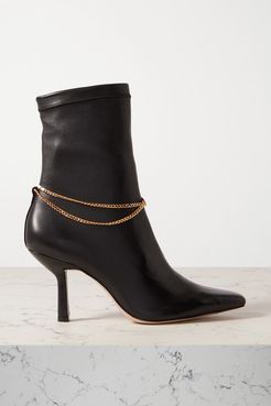 Chain-embellished Leather Ankle Boots - Black