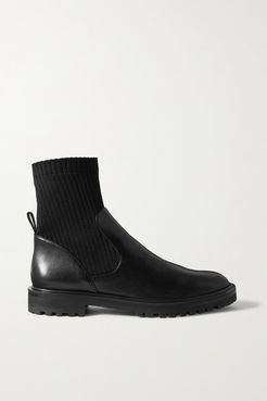 Leather And Ribbed-knit Ankle Boots - Black