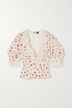 Amanda Cropped Lace-trimmed Floral-print Crepe De Chine Blouse - White