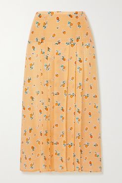 Nancy Pleated Floral-print Silk-crepe Midi Skirt - Yellow