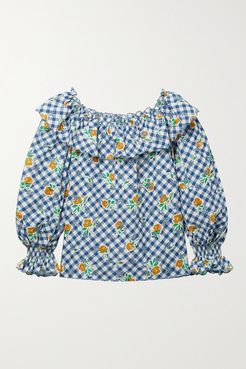 Birdie Ruffled Printed Broderie Anglaise Cotton Top - Blue