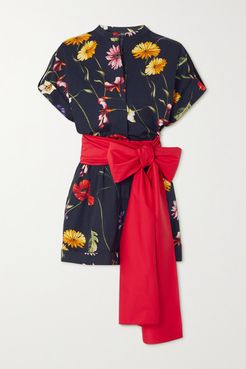 Bow-detailed Floral-print Cotton-blend Poplin Playsuit - Navy