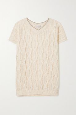 Metallic-trimmed Cable-knit Linen-blend Sweater - Off-white