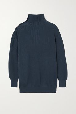 Button And Bead-embellished Ribbed Cotton Turtleneck Sweater - Navy