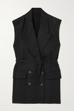 Belted Double-breasted Linen-twill Vest - Black