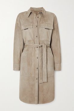 Bead-embellished Suede Trench Coat - Beige