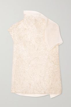Sequin-embellished Embroidered Silk-chiffon Blouse - Neutral