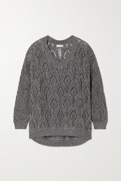 Sequin-embellished Pointelle-knit Linen-blend Sweater - Gray